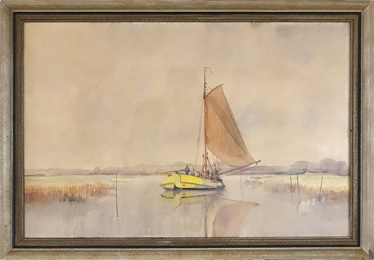 aquarel van botter met zeil in een nederlands polderlandschap
