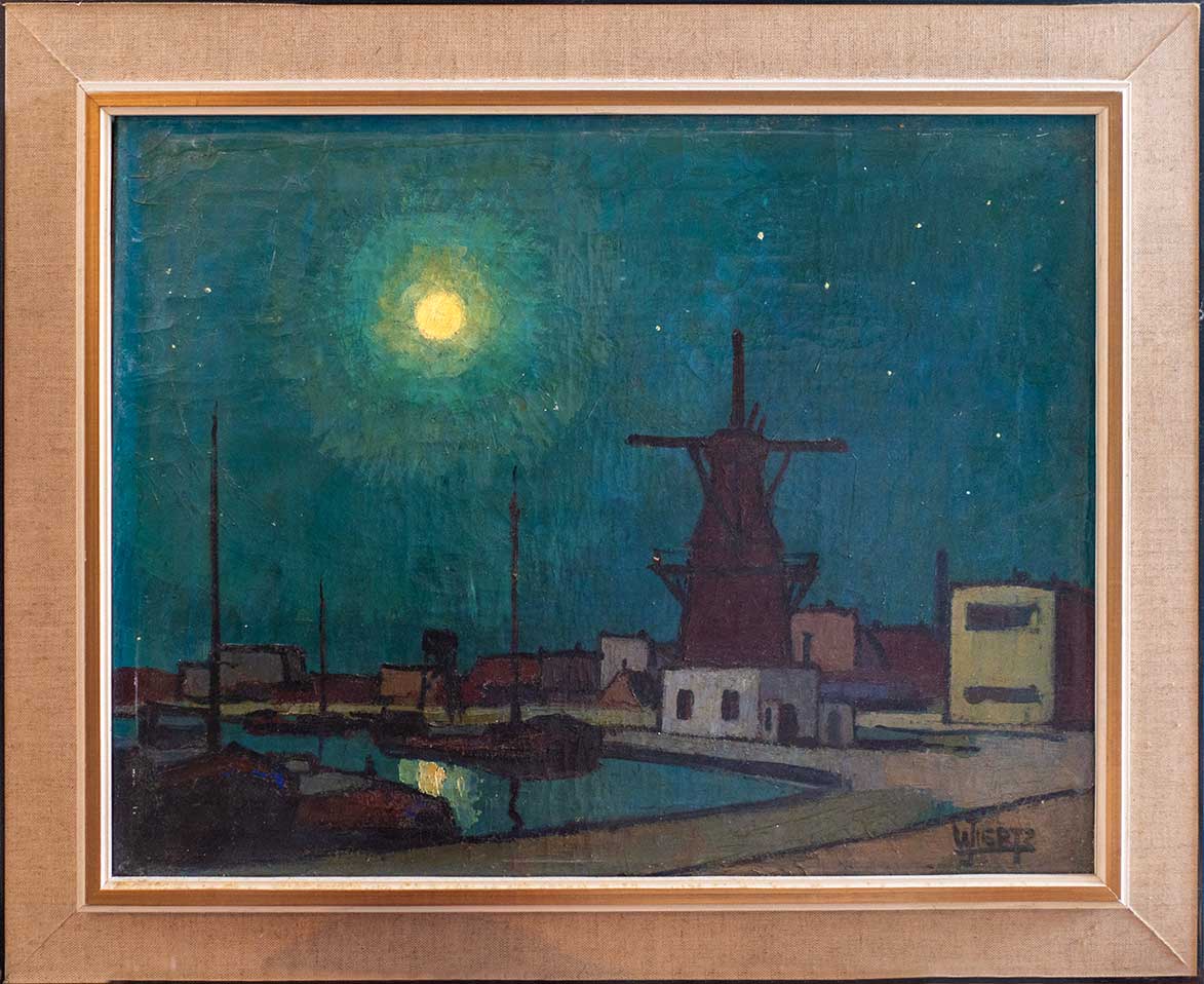 nachtelijk havenzicht met molen in volle maan
